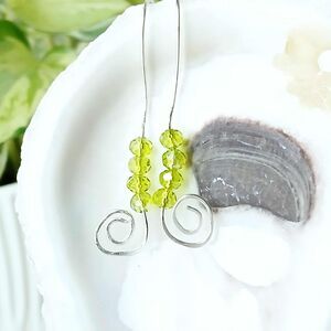 Hammered Beaded Dangle Earrings, Faceted Green Glass, 1.75"